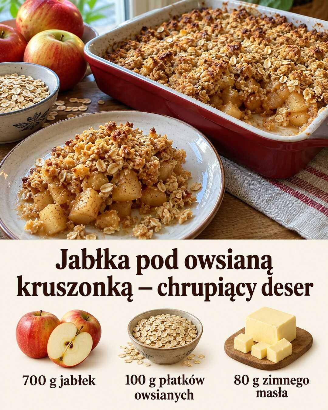 Jabłka pod owsianą kruszonką — chrupiący deser