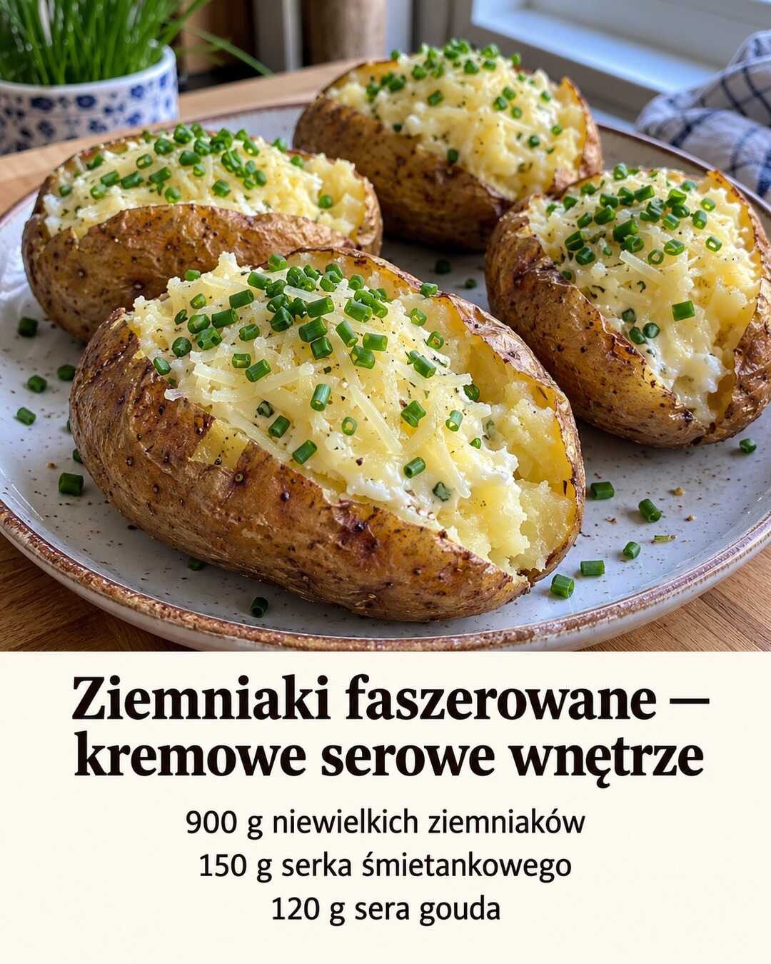 Pieczone ziemniaki w skórkach z kremowym nadzieniem serowym i posiekanym szczypiorkiem.