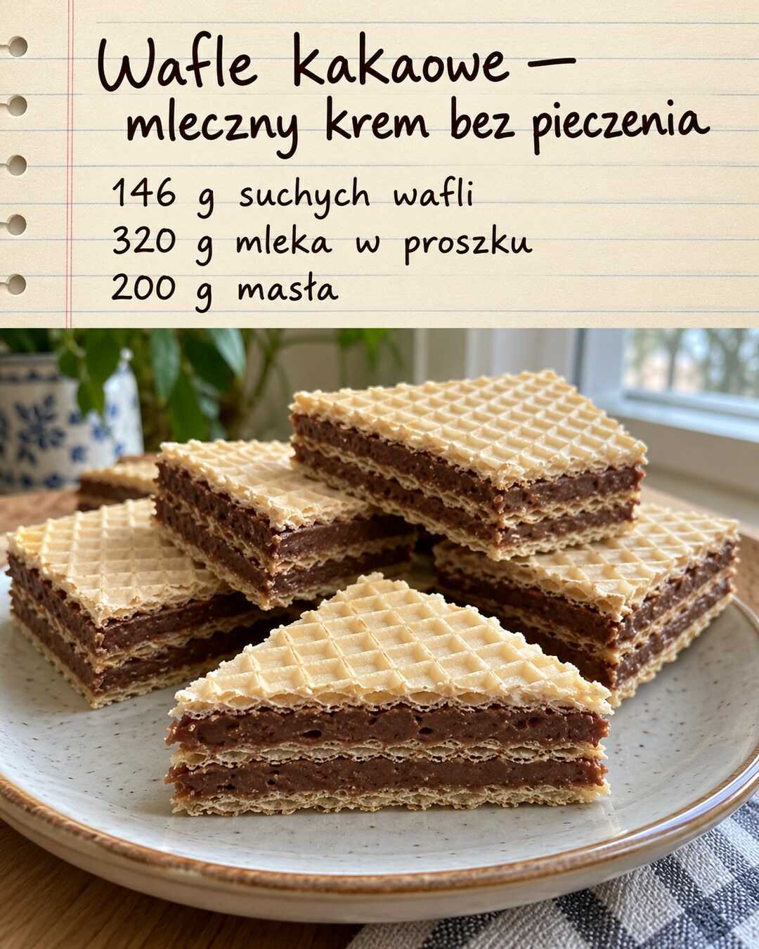 Kwadratowe wafle przekładane ciemnym kremem kakaowym, z widocznymi cienkimi warstwami nadzienia.