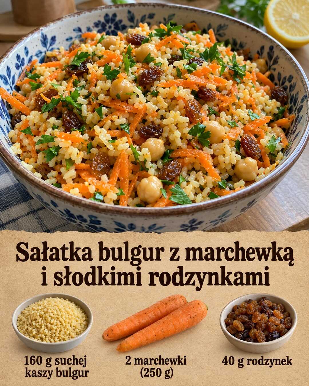 Sałatka bulgur z marchewką i słodkimi rodzynkami