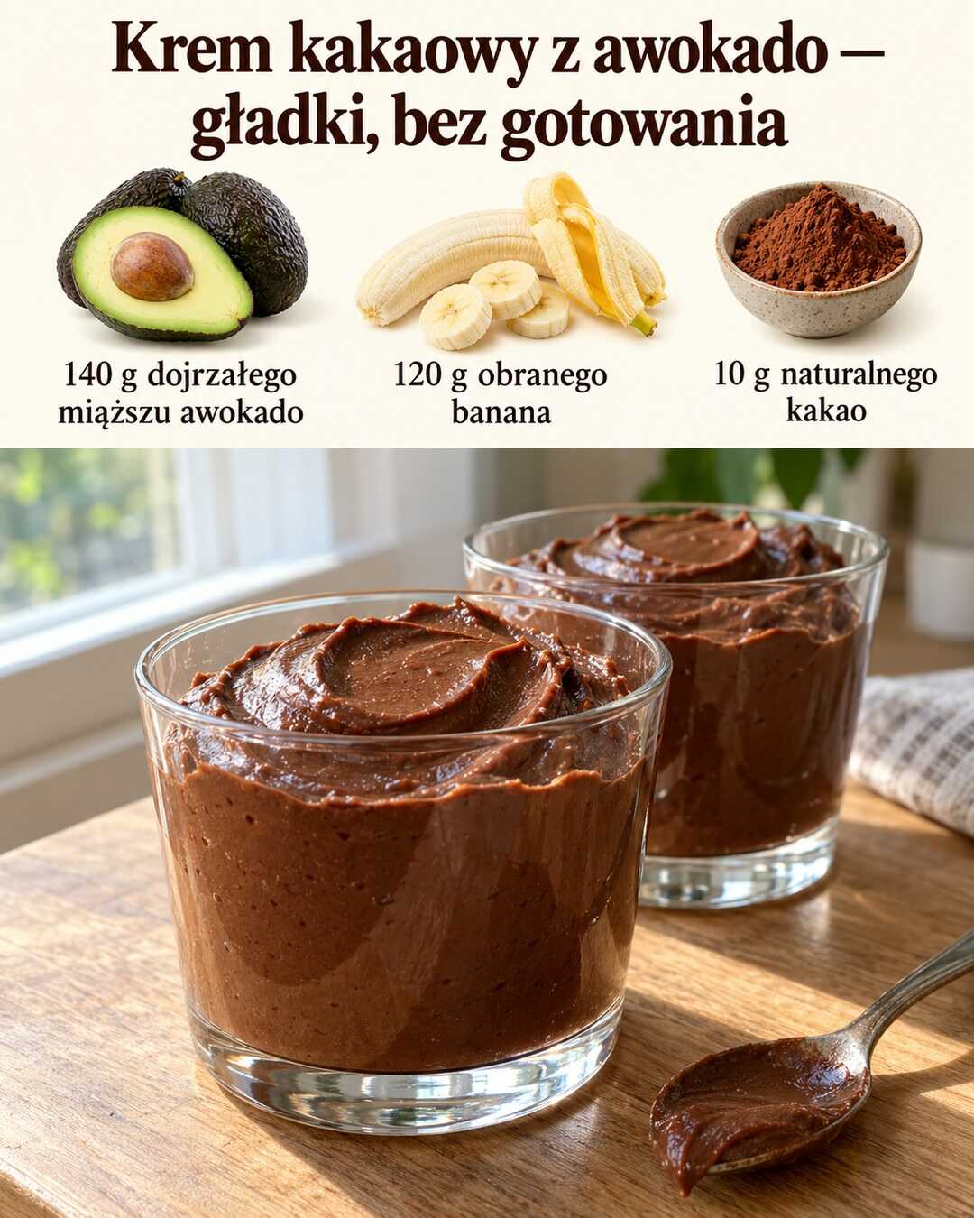 Gęsty ciemny krem kakaowy z awokado i banana w dwóch małych pucharkach, bez dodatkowych dekoracji.