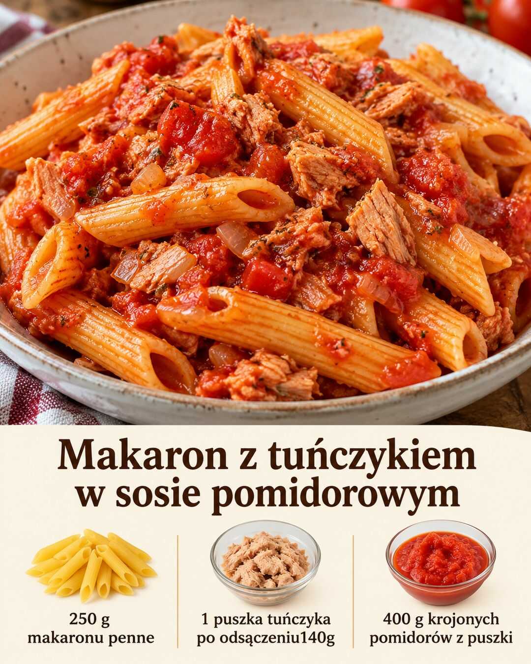 Makaron z tuńczykiem w sosie pomidorowym