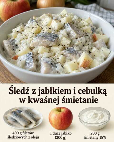 Śledź z jabłkiem i cebulką w kwaśnej śmietanie