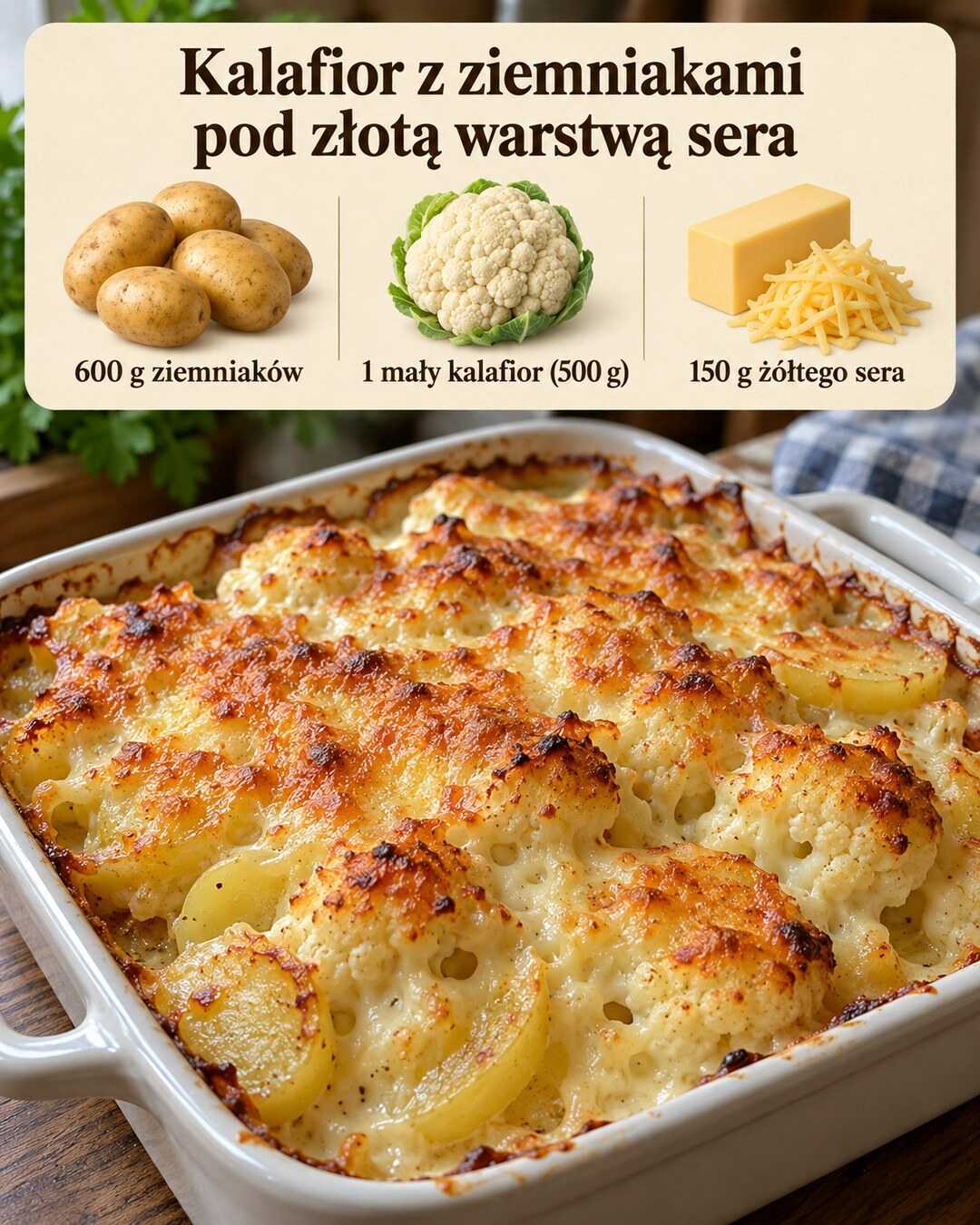 Kalafior z ziemniakami pod złotą warstwą sera