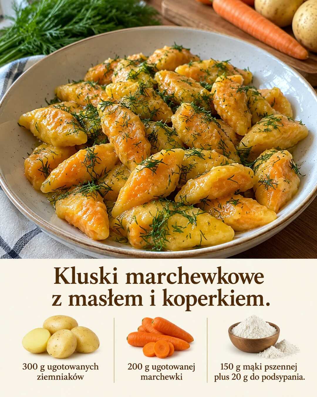 Kluski marchewkowe z masłem i koperkiem.