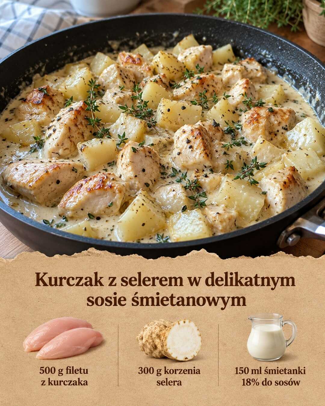 Kurczak z selerem w delikatnym sosie śmietanowym