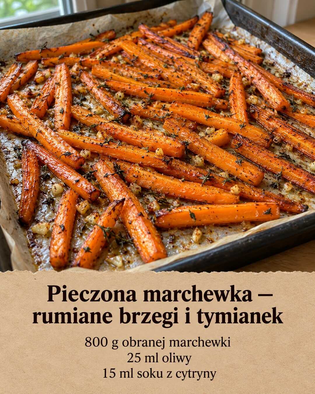 Cienkie pieczone kawałki marchewki z rumianymi brzegami i drobnym suszonym tymiankiem.
