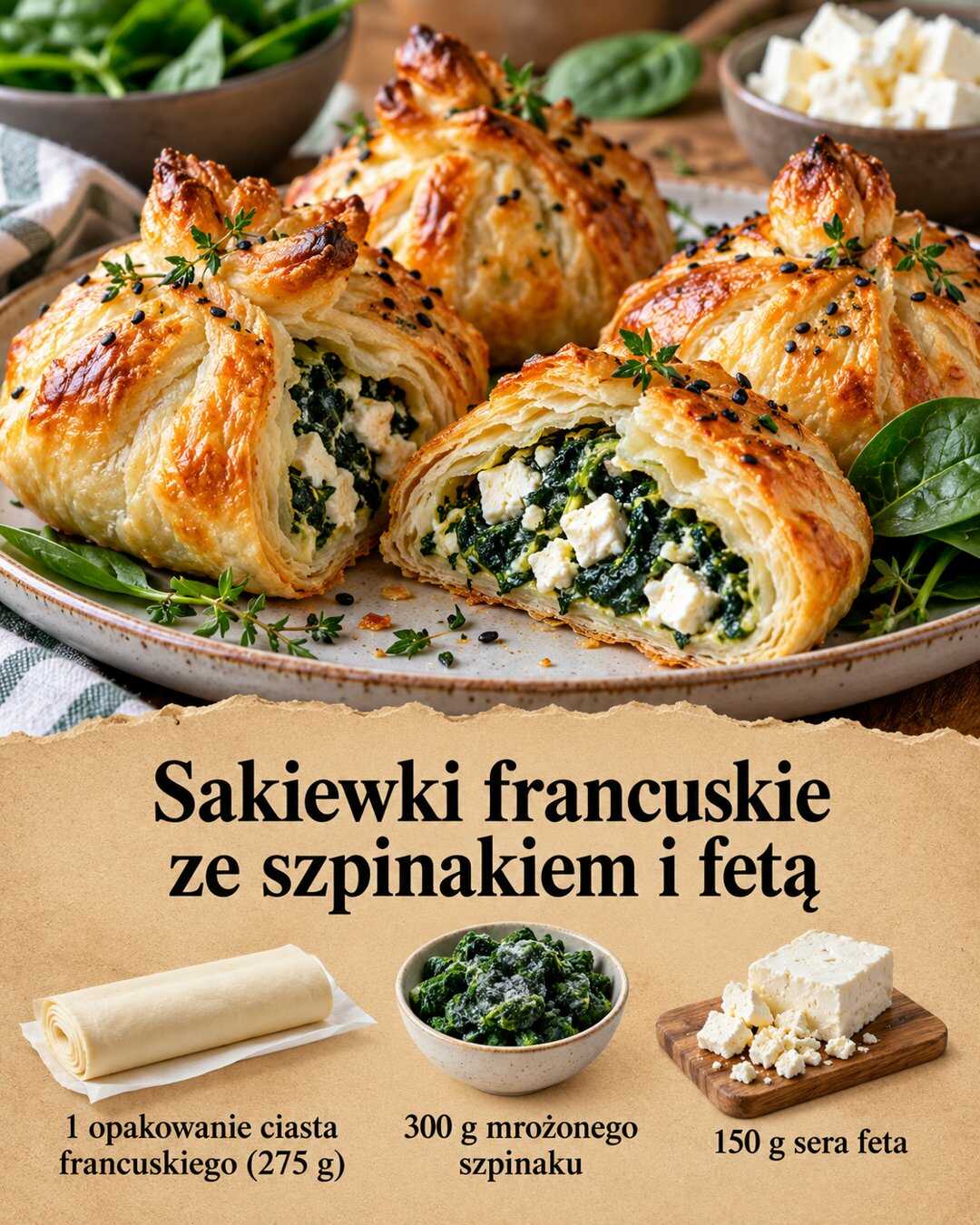 Sakiewki francuskie ze szpinakiem i fetą