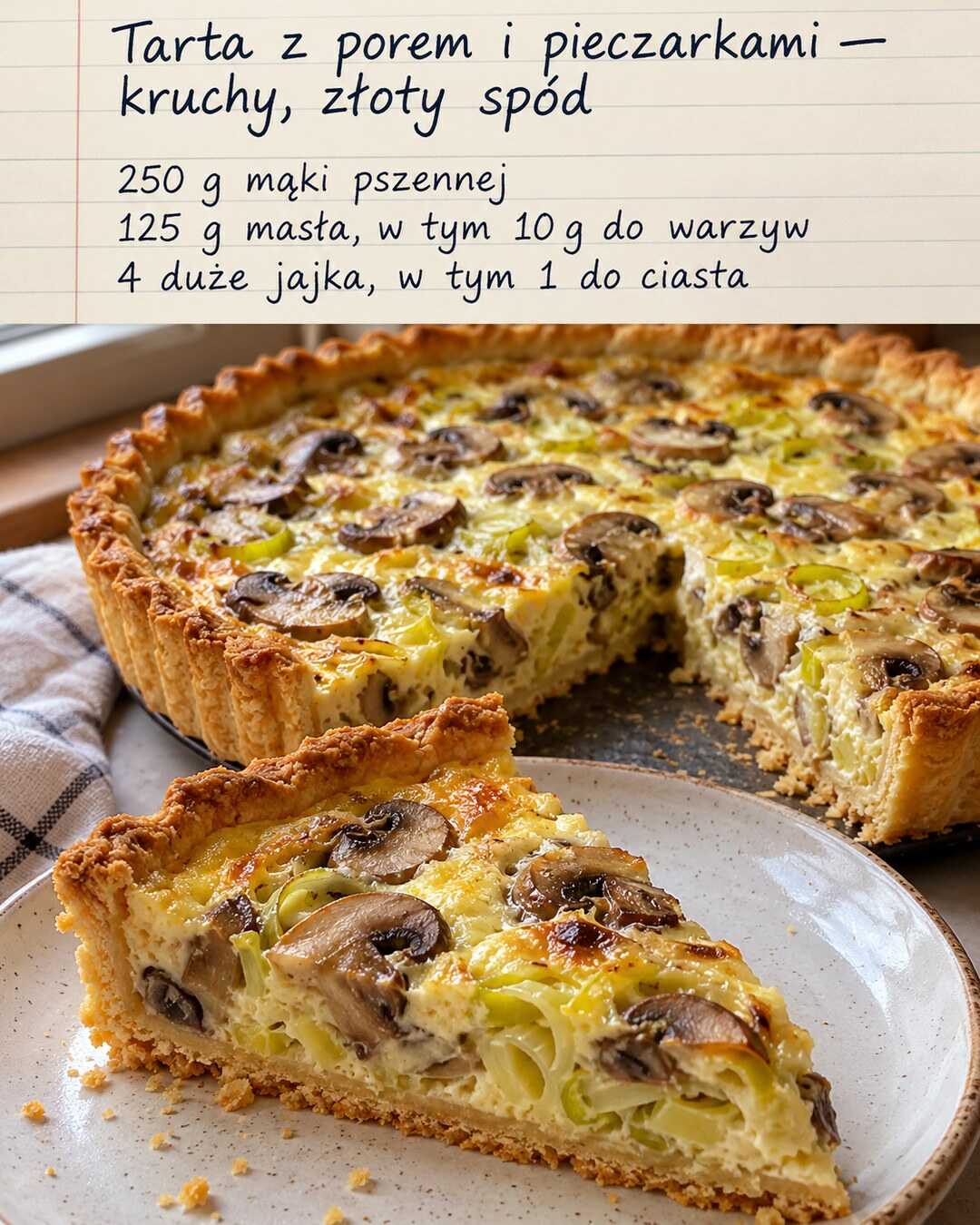 Kawałek wytrawnej tarty na kruchym spodzie, z plastrami pieczarek, porem i ściętą jasną zalewą.