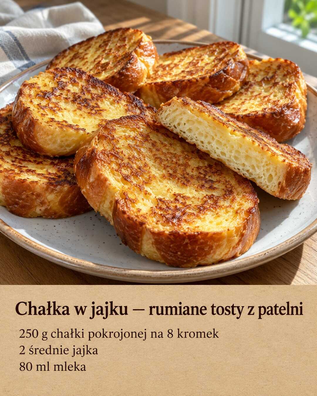 Rumiane kromki chałki smażone w jajku i mleku, bez dodatkowych polew lub owoców.