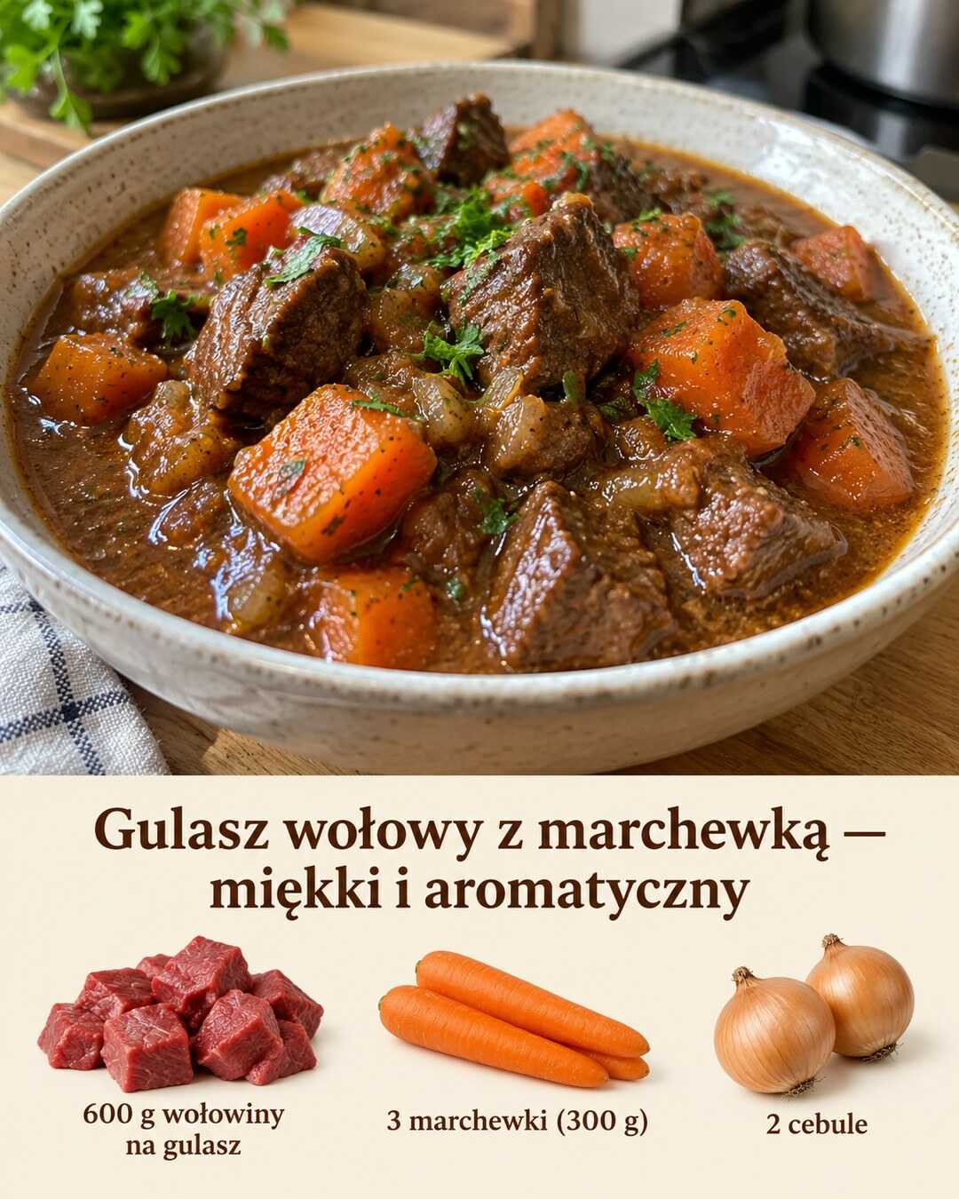 Gulasz wołowy z marchewką — miękki i aromatyczny