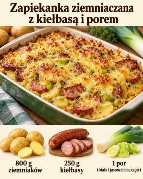 Zapiekanka ziemniaczana z kiełbasą i porem