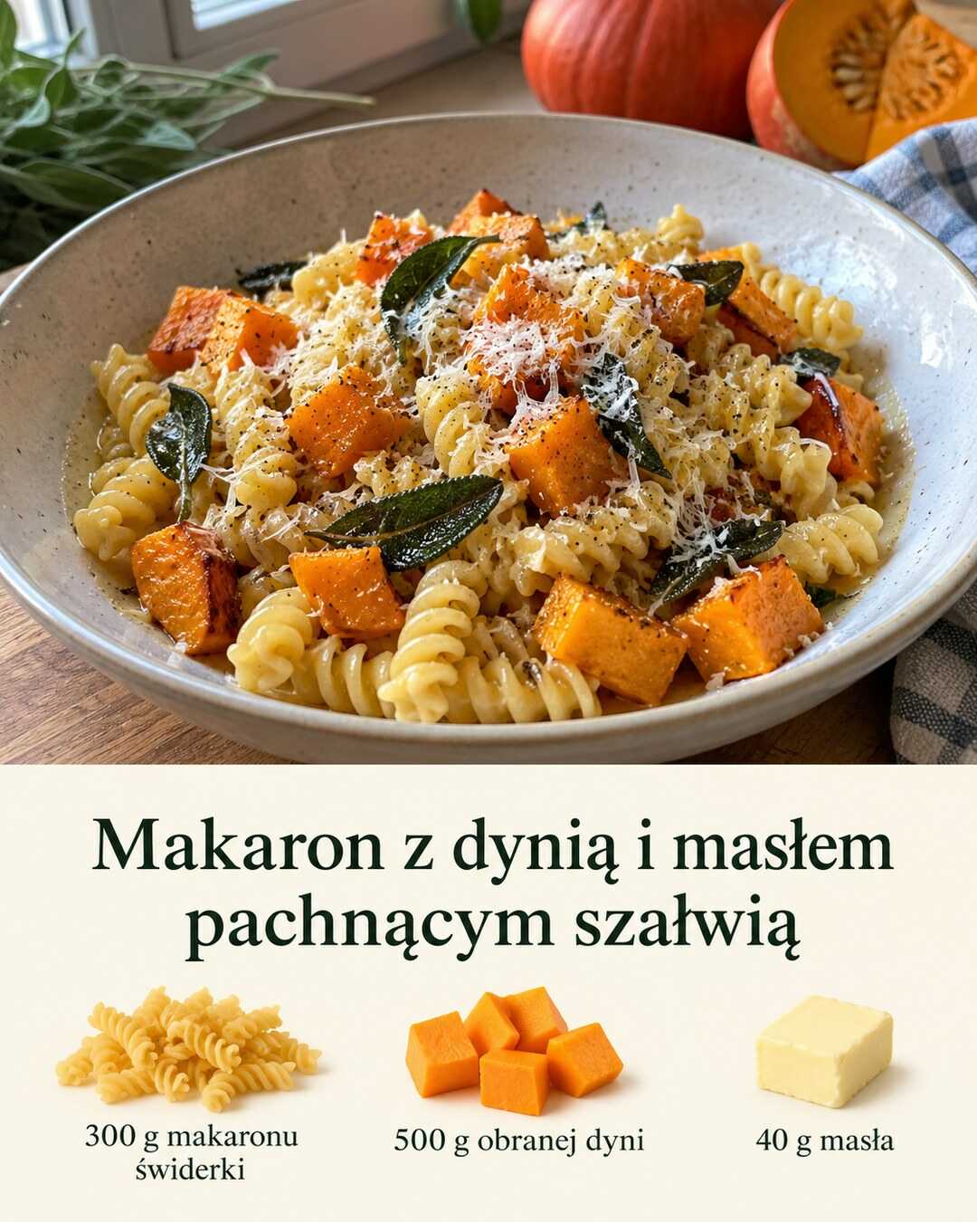 Makaron z dynią i masłem pachnącym szałwią