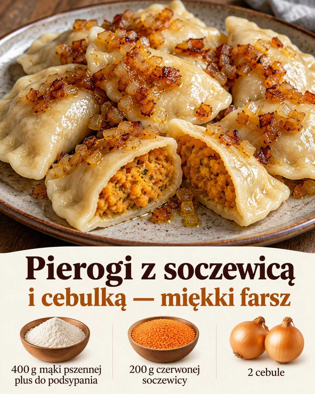 Pierogi z soczewicą i cebulką — miękki farsz