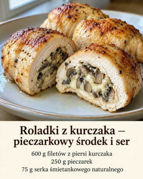 Roladki z kurczaka — pieczarkowy środek i ser