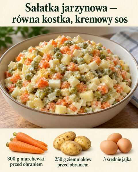 Sałatka jarzynowa — równa kostka, kremowy sos