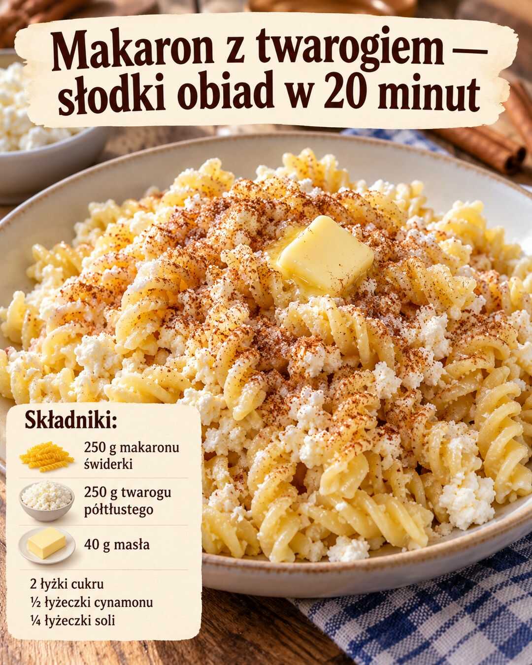 Makaron z twarogiem — słodki obiad w 20 minut