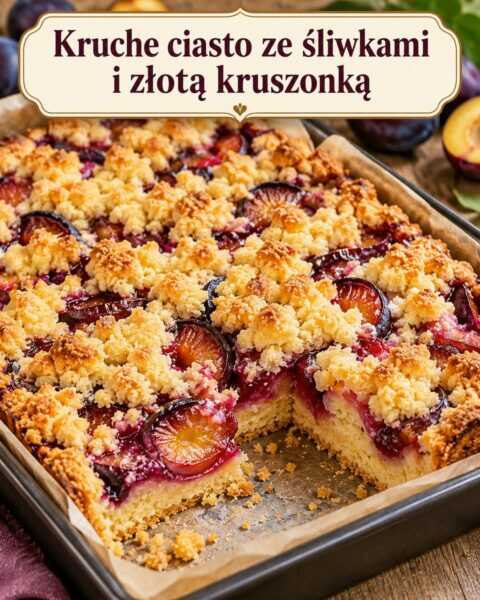 Kruche ciasto ze śliwkami i złotą kruszonką