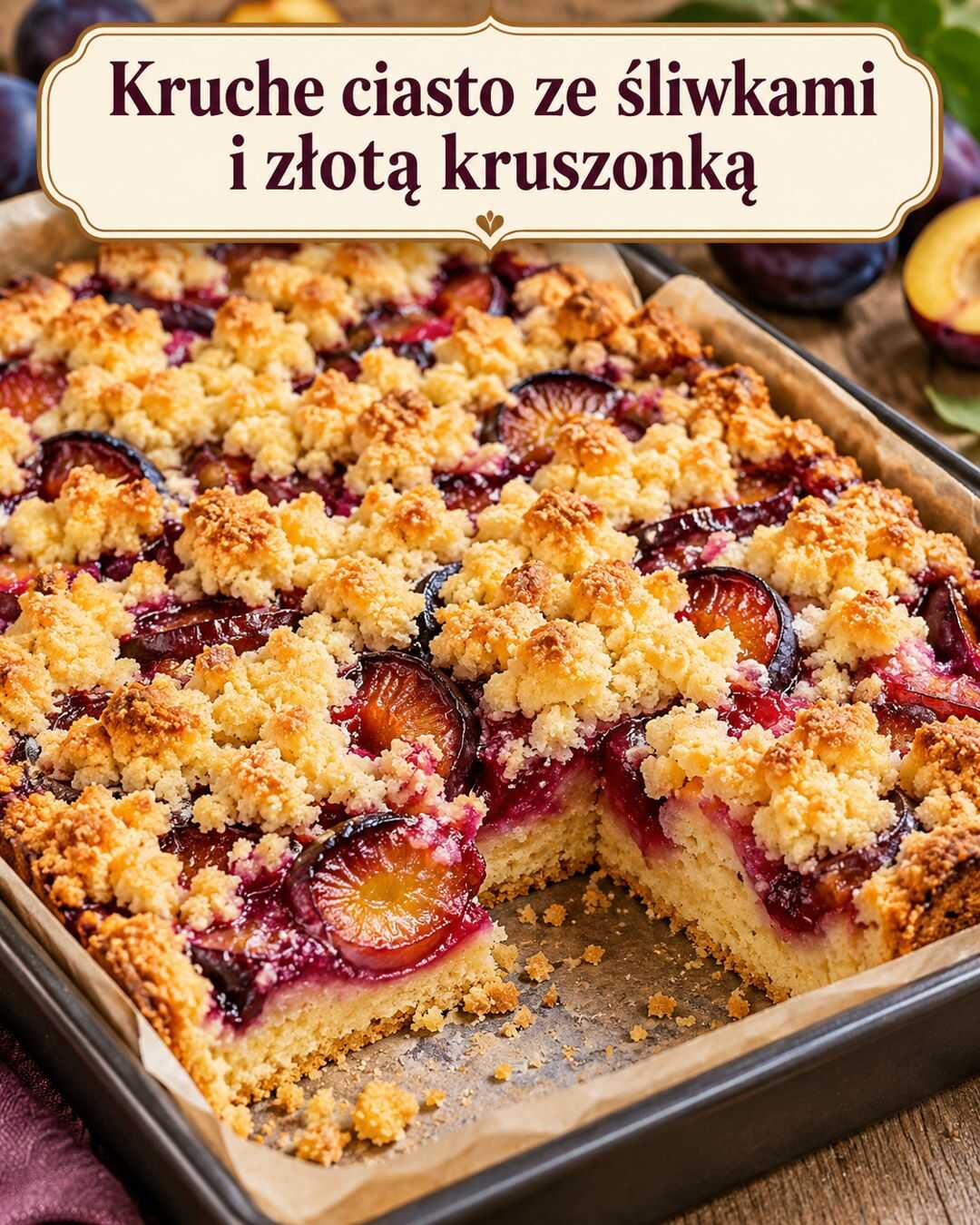 Kruche ciasto ze śliwkami i złotą kruszonką