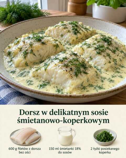 Dorsz w delikatnym sosie śmietanowo-koperkowym