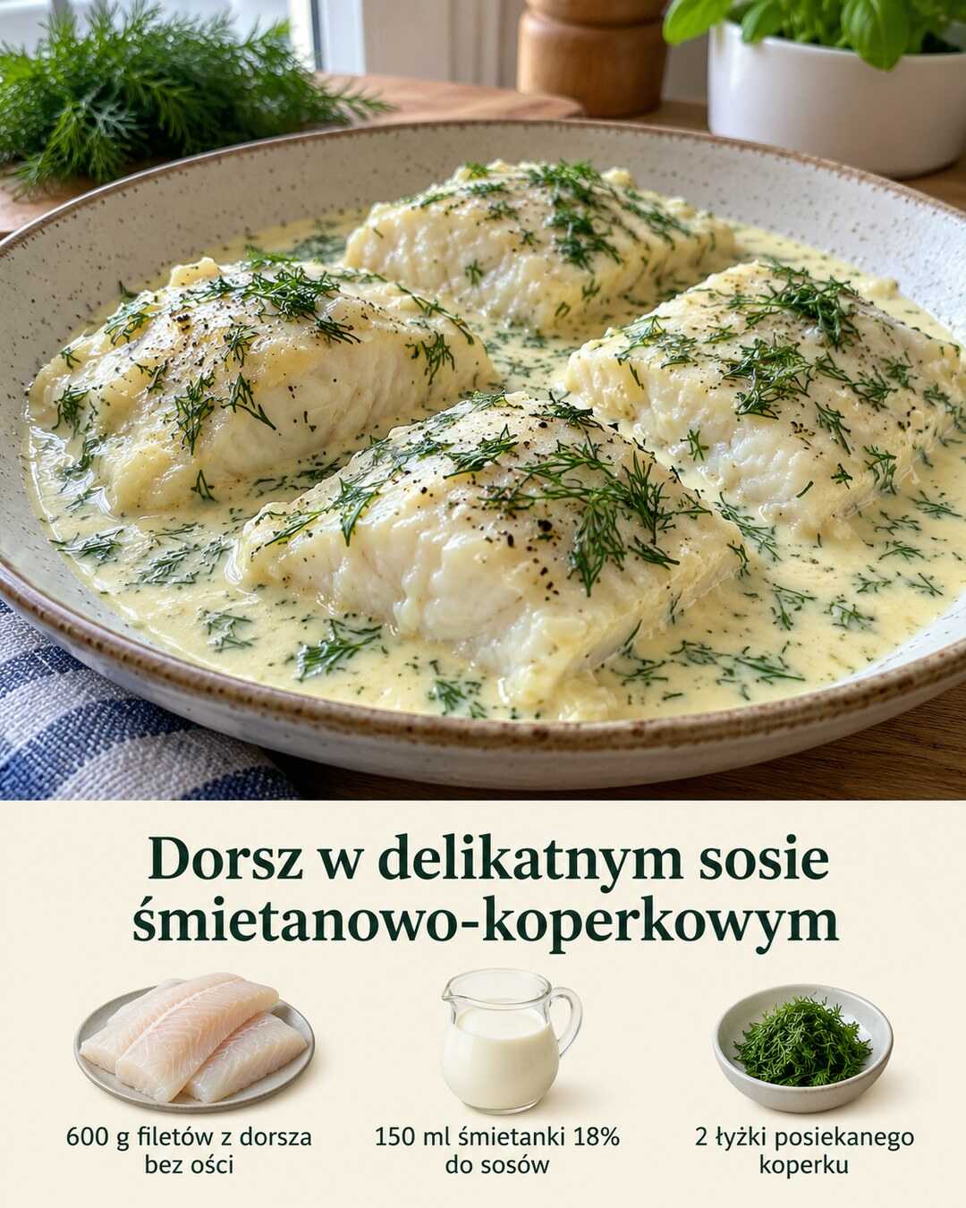 Dorsz w delikatnym sosie śmietanowo-koperkowym