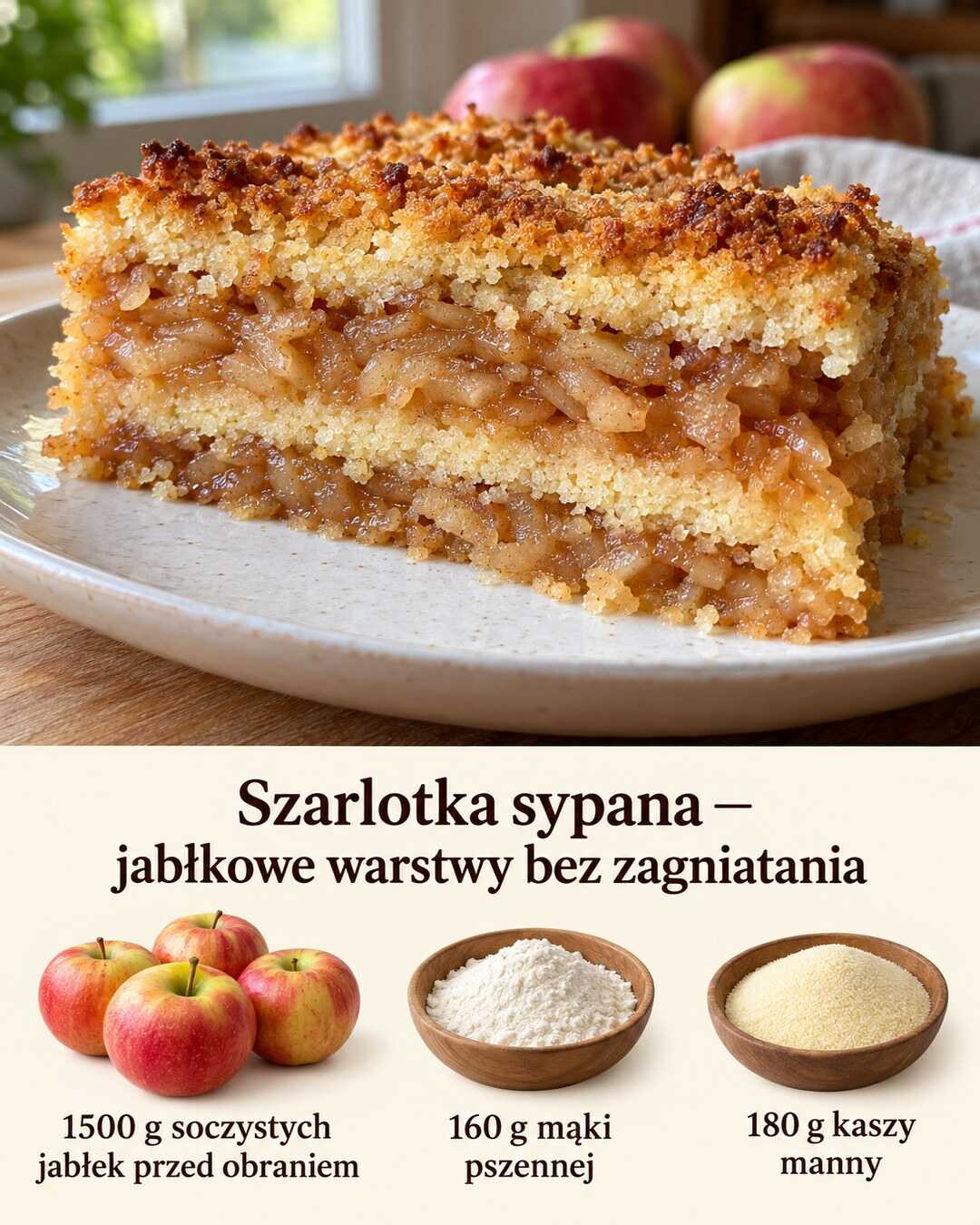 Kawałek szarlotki sypanej z widocznymi warstwami tartych jabłek i złotą skorupką, bez cukru pudru.