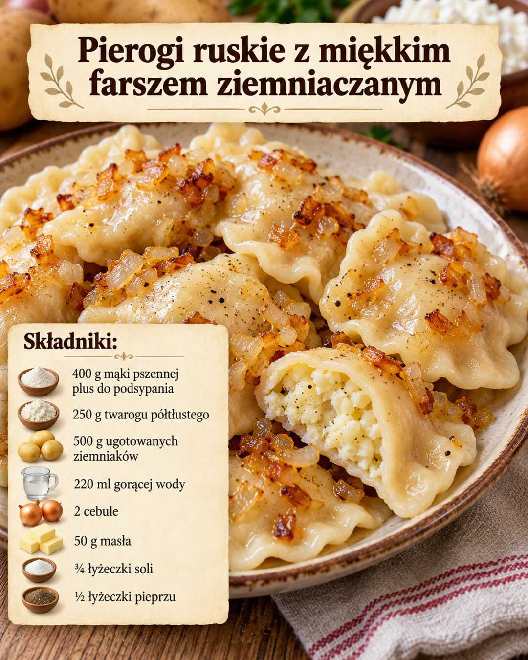Pierogi ruskie z miękkim farszem ziemniaczanym