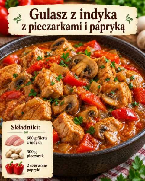Gulasz z indyka z pieczarkami i papryką