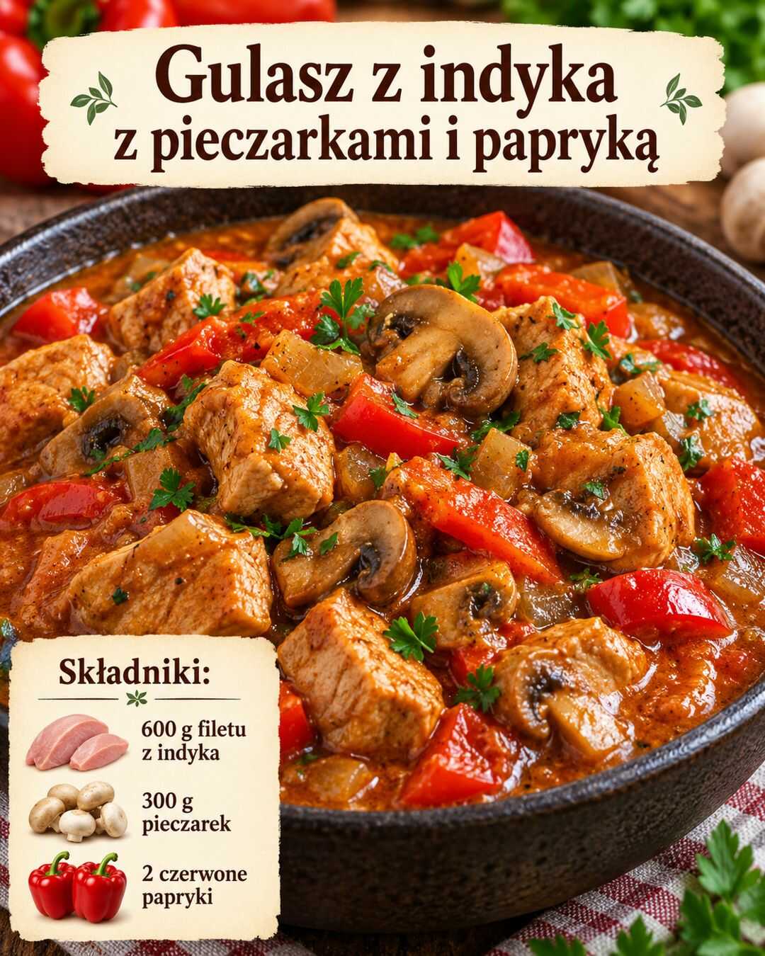 Gulasz z indyka z pieczarkami i papryką