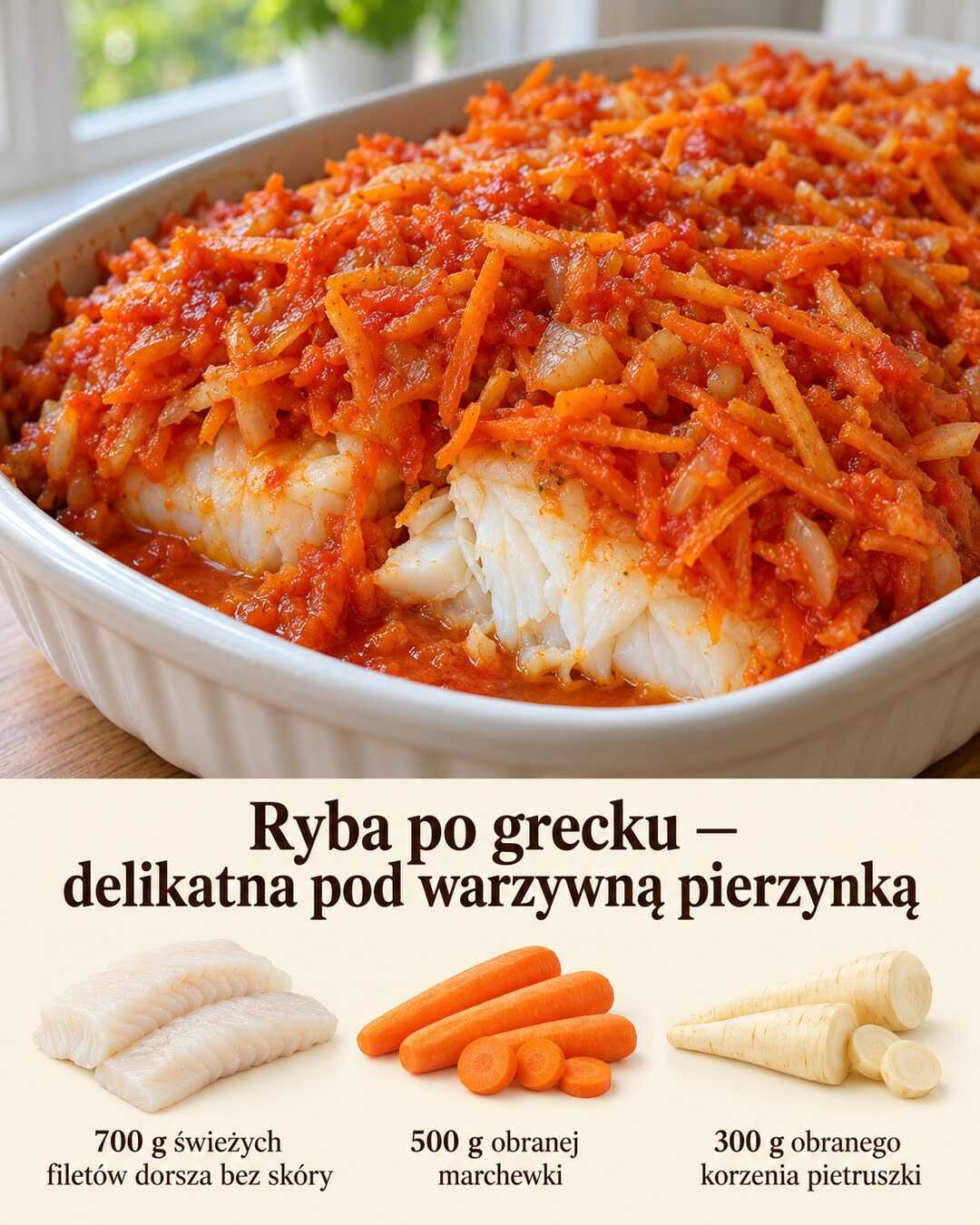 Kawałek białej ryby z jasnymi płatkami pod warstwą duszonej tartej marchewki i pietruszki w pomidorowym sosie.